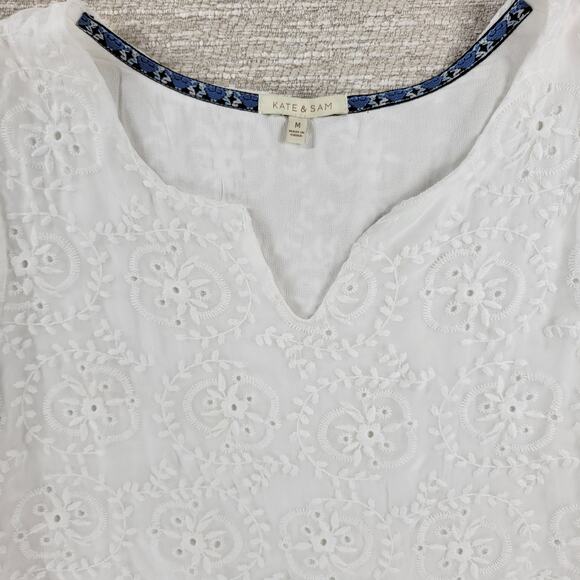 Kate & Sam Eyelet Lace Dress Womens Medium White Embroidered Lined Boho Cottage - Picture 13 of 15